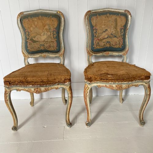 Pair of Antique French Painted Tapestry Chairs