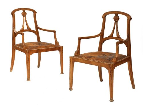 A Pair of Walnut & Leather Art Nouveau Armchairs