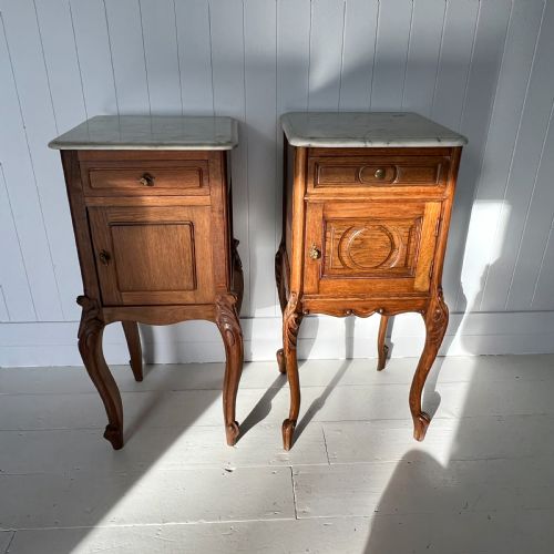 Pair of French Oak and Marble Bedside Cupboards