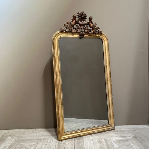 French Giltwood Cherub Crested Mirror