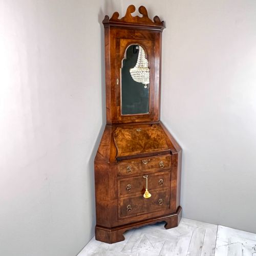 Early C20th Walnut Corner Bureau Bookcase in the Georgian Taste