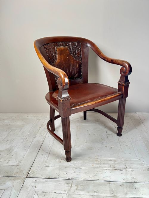 Carved Oak & Leather Arm or Desk Chair