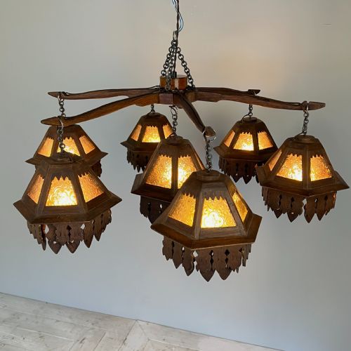 Arts & Crafts Black Forest Jugendstil Oak Chandelier