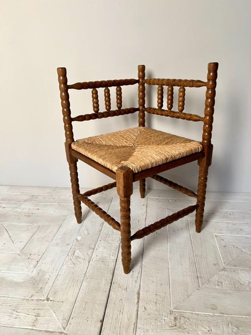 Vintage Oak Bobbin and Rush Corner Chair
