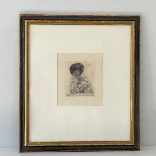 Framed Antique Etching "Reading" 1921