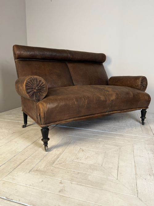 Antique C19th Leather Rake Back Two Seater Sofa