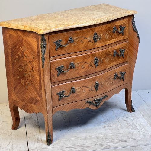 A Parisian Louis Xv Style Marquetry and Sienna Marble Top Chest of Drawers