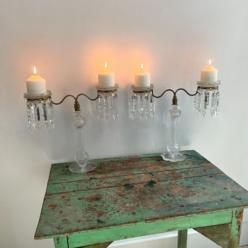 Rare Pair of Late Victorian Clarkes Cut Glass and Brass Cricklite Candelabra