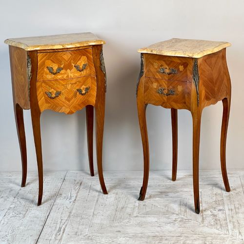 A Pair of  ‘His and Her’ Sienna Marble and Marquetry Bedsides Tables