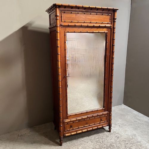 French Faux Bamboo Mirrored Armoire