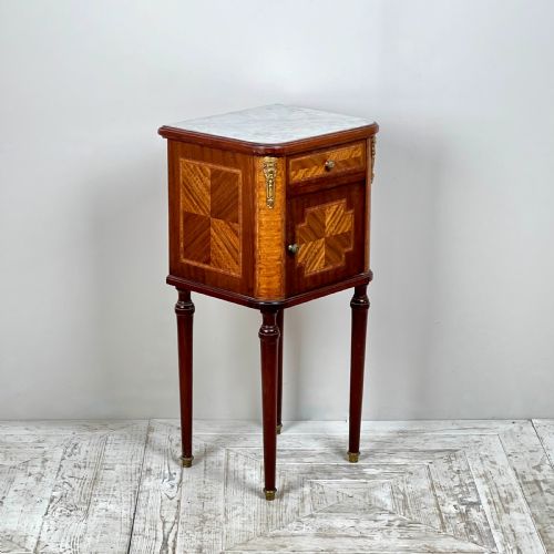 French Kingwood Parquetry Marble Topped Bedside Table