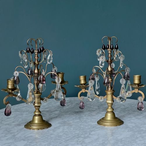 Pair of Antique Brass and Cut Glass Candelabra