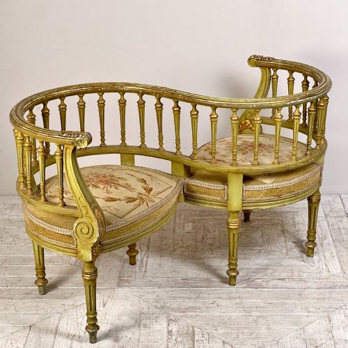 French Antique Tapestry Love or Tête-à-tête Seat