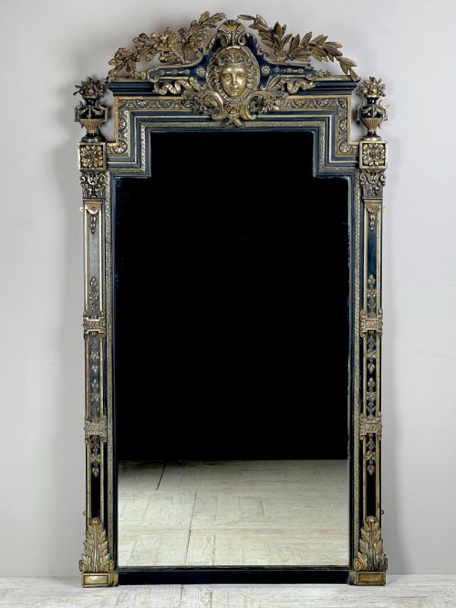 Large Antique French Ebonised & Silver Gilt Floor or Overmantel Mirror