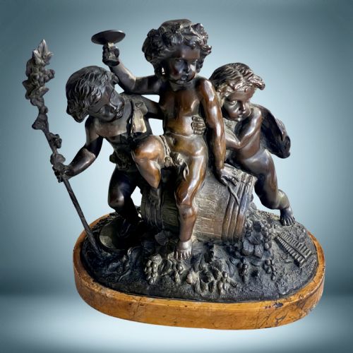 fig 1. French Antique Bronze Sculpture Group Three Bacchanalia Putti