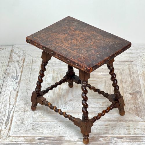 An Embossed Leather and Oak Barely Twist Side or Occasional Table