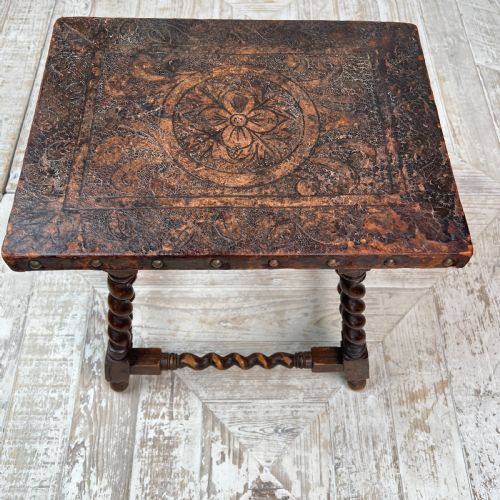 fig 1. An Embossed Leather And Oak Barely Twist Side Or Occasional Table