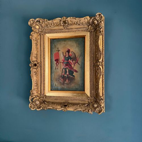 fig 2. Antique C18th Oil Painting Of Archangel Michael In Gilt Frame