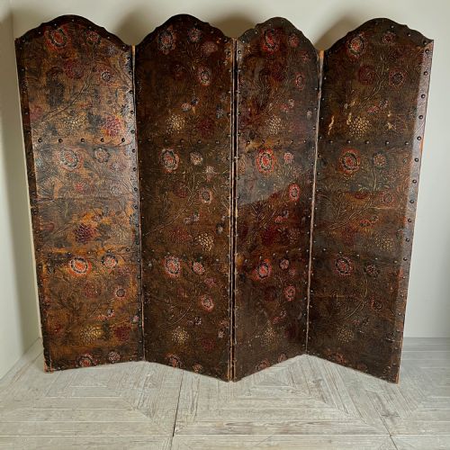 Antique Painted & Embossed Leather Four-leaf Dressing Screen Circa 1910