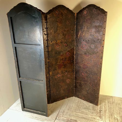fig 1. Antique Painted & Embossed Leather Four-Leaf Dressing Screen Circa 1910