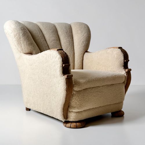 PAIR OF DANISH ART DECO SCALLOP BACK OAK ARMCHAIRS UPHOLSTERED IN ITALIAN WOOL - ADDITIONAL PHOTO 8