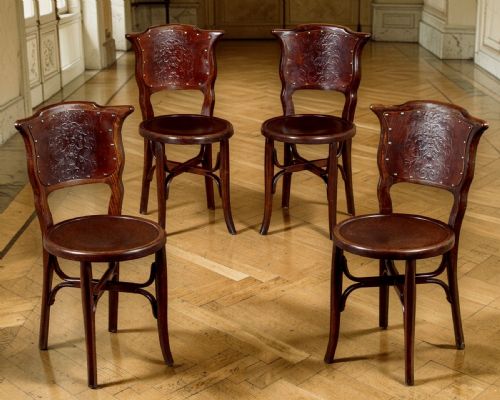 RARE SET OF FOUR EMBOSSED THONET OR J J KOHN BENTWOOD CHAIRS CIRCA 1900