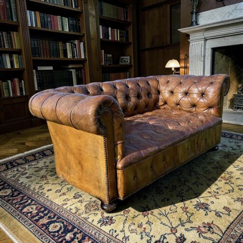 Antique Chesterfield Sofa 2 Seater Brown Leather Button Tufted Classic