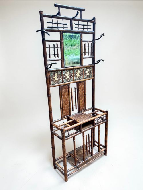 VICTORIAN BAMBOO COAT STAND WITH MIRROR UMBRELLA STAND