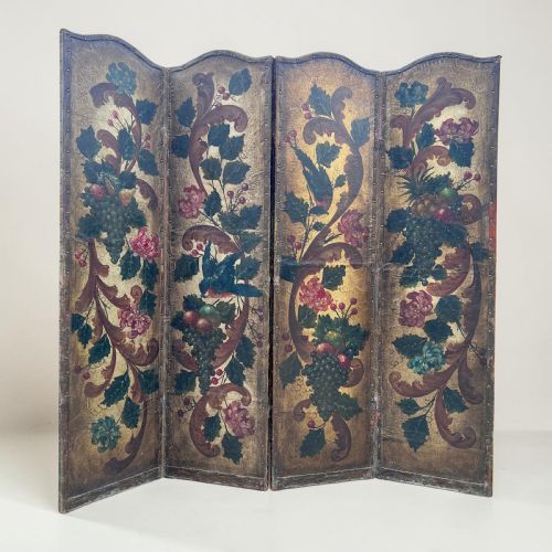ANTIQUE FRENCH HAND PAINTED FOUR FOLD LEATHER ROOM DIVIDER SCREEN