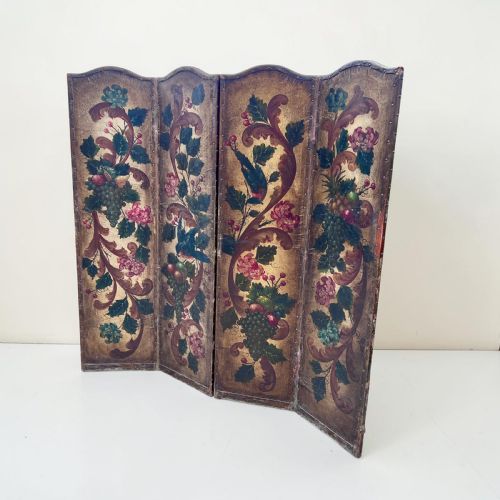 ANTIQUE FRENCH HAND PAINTED FOUR FOLD LEATHER ROOM DIVIDER SCREEN - ADDITIONAL PHOTO 2