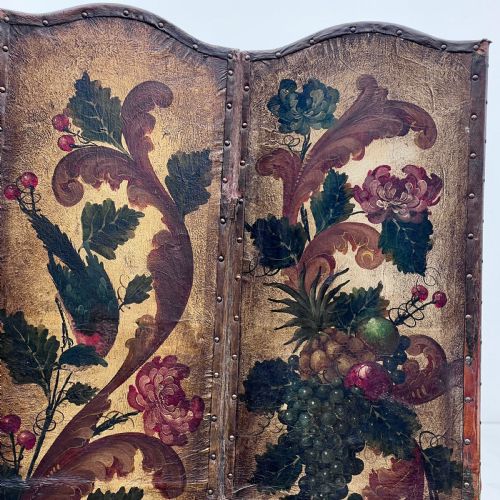 ANTIQUE FRENCH HAND PAINTED FOUR FOLD LEATHER ROOM DIVIDER SCREEN - ADDITIONAL PHOTO 5