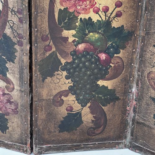 ANTIQUE FRENCH HAND PAINTED FOUR FOLD LEATHER ROOM DIVIDER SCREEN - ADDITIONAL PHOTO 7