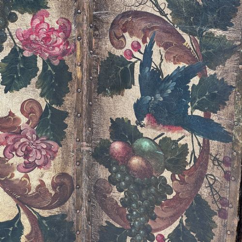 ANTIQUE FRENCH HAND PAINTED FOUR FOLD LEATHER ROOM DIVIDER SCREEN - ADDITIONAL PHOTO 8