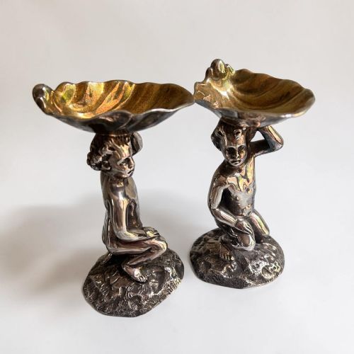 Pair Elkington Silver Plate Figural Salts, Gilt Lined, Circa 1900