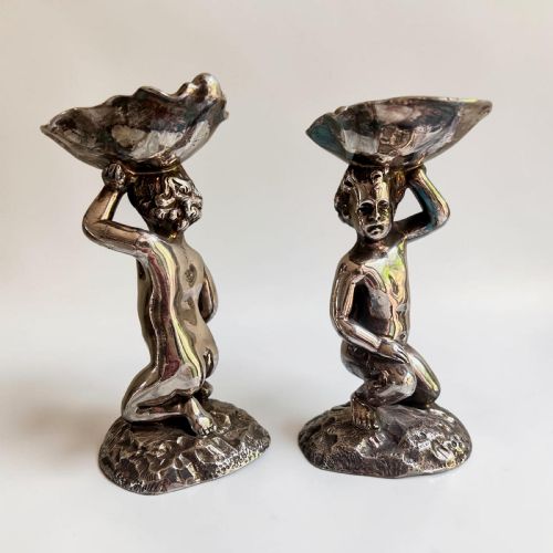 fig 2. Pair Elkington Silver Plate Figural Salts, Gilt Lined, Circa 1900