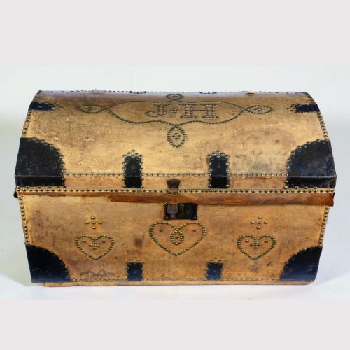 VICTORIAN DOMED LEATHER TRUNK WITH BRASS STUDWORK BY ARTHUR WANNOP