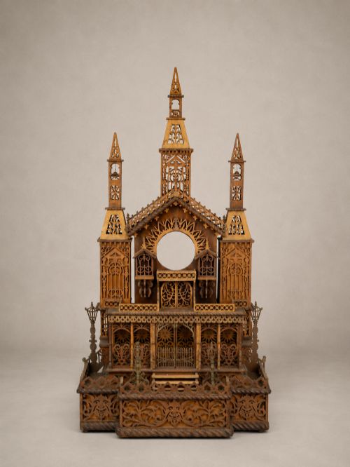 LARGE ARCHITECTURAL FRETWORK CLOCK CASE LATE 19THEARLY 20TH CENTURY
