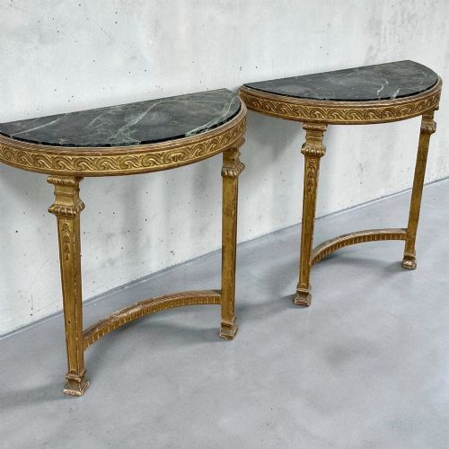 PAIR C19TH GILTWOOD DEMILUNE MARBLE CONSOLE TABLES LOUIS XVI REVIVAL