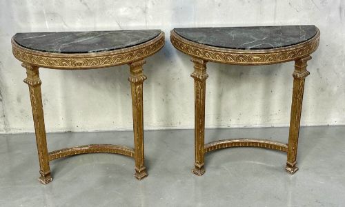 PAIR C19TH GILTWOOD DEMILUNE MARBLE CONSOLE TABLES LOUIS XVI REVIVAL - ADDITIONAL PHOTO 4