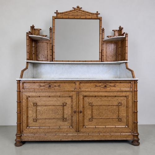 French Faux‑bamboo Bird’s‑eye Maple Marble Dressing Cabinet or Washstand, C. 1890