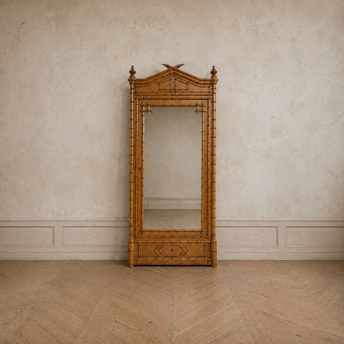 French Bird’s Eye Maple Faux Bamboo Mirrored Armoire, Circa 1900