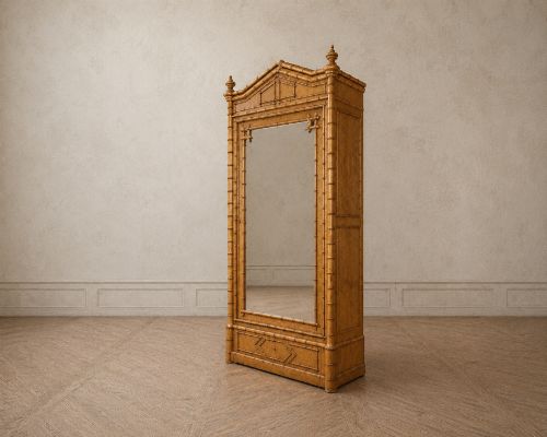 fig 1. French birds eye maple single door armoire featuring faux bamboo turned mouldings, a full-length mirrored panel, base drawer, and carved cresting.