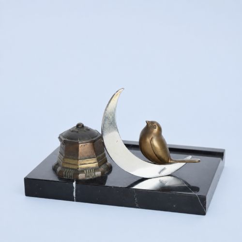 Art Deco Black Marble & Bronze Desk Tidy with Bird and Crescent Moon, C.1930