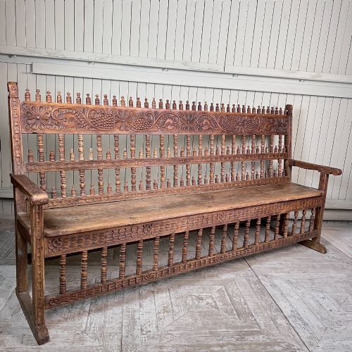 Large Antique Spanish Colonial Carved Hardwood Bench – Late 18th / Early 19th Century