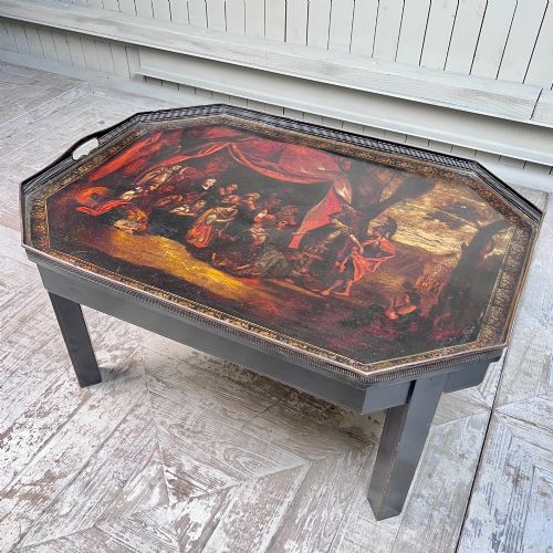 19th Century Octagonal Tole Tray Table - The Family of Darius Before Alexander