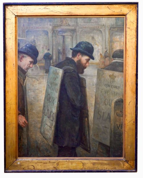 fig 2. A large Victorian oil painting portraying street workers wearing sandwich boards, set within a wide gilded wood frame.