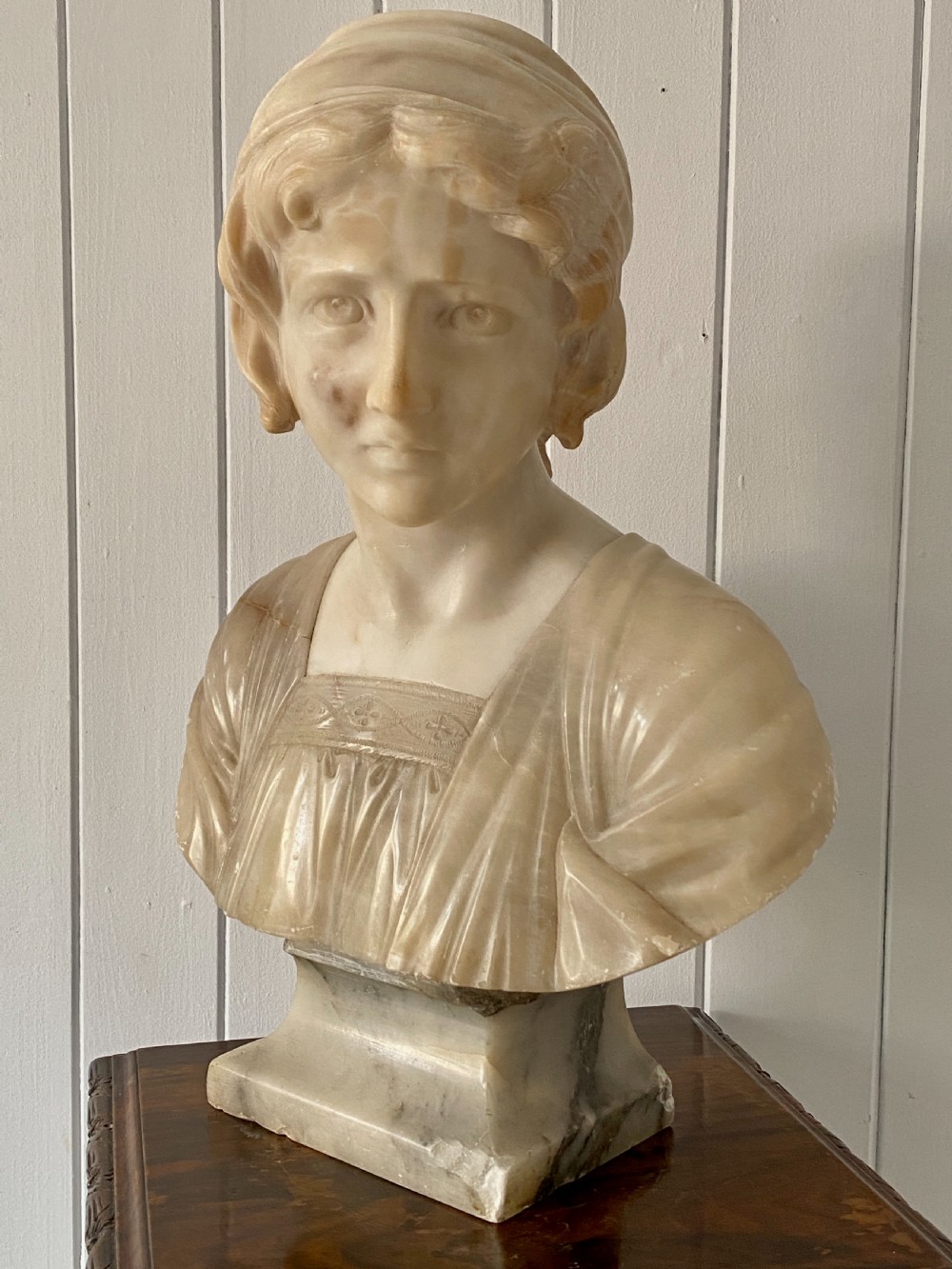 Italian Marble and Alabaster Bust of A Young Girl