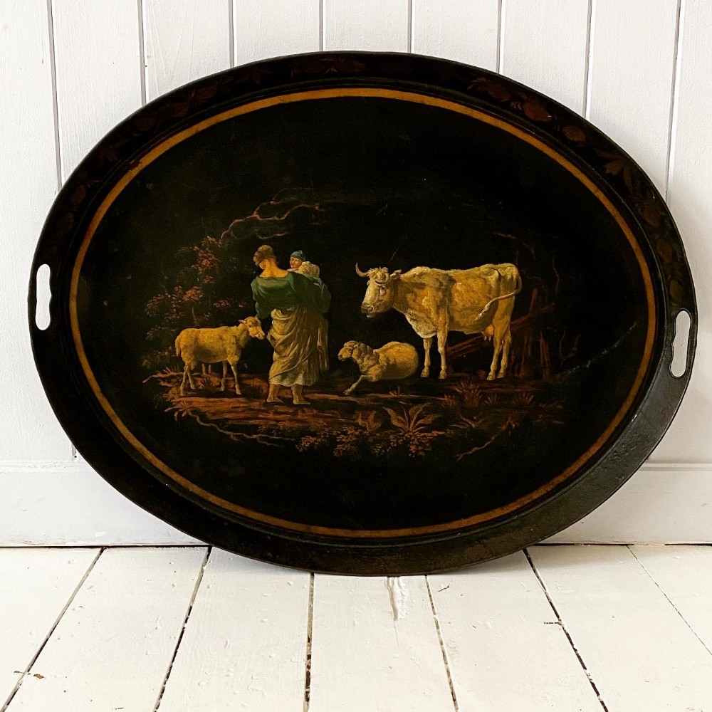 A Large C19th Hand Painted Oval Toleware Tray