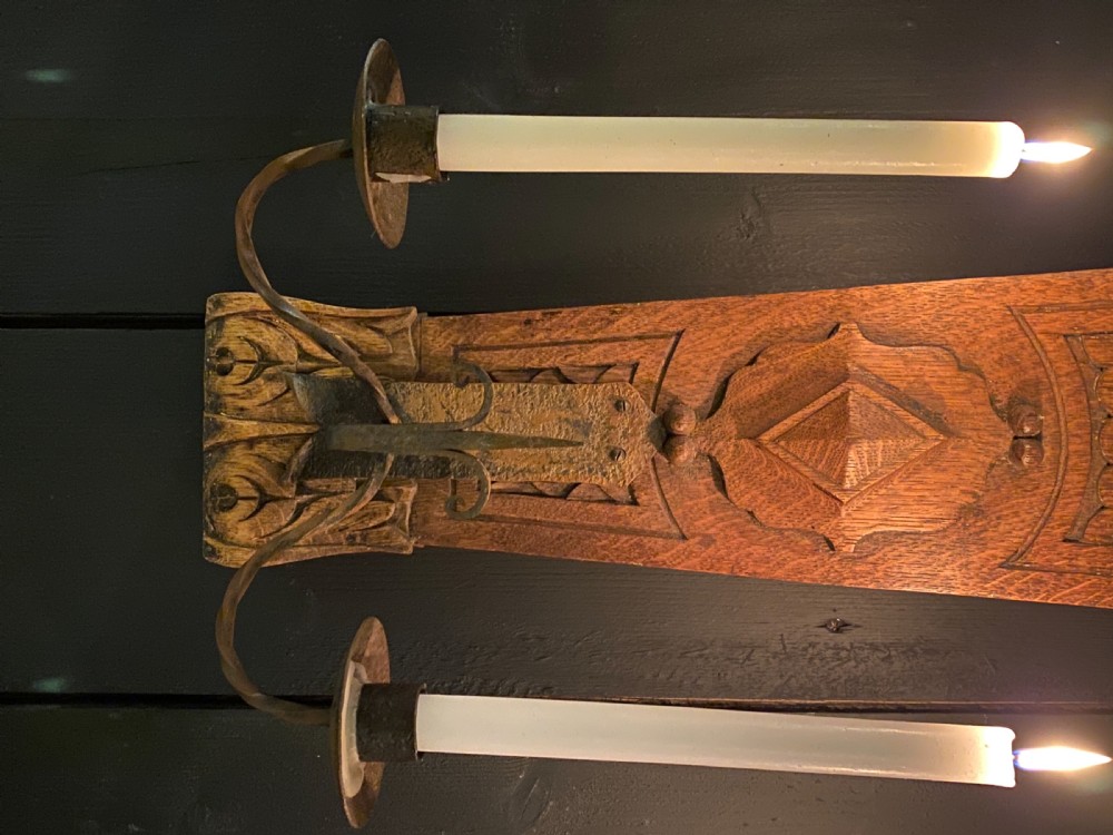 A Large Pair of Oak and Wrought Iron Wall Sconces View VII