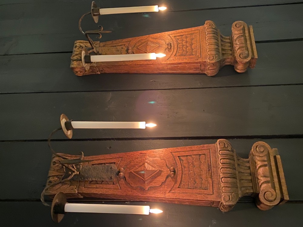 A Large Pair of Oak and Wrought Iron Wall Sconces View VIII